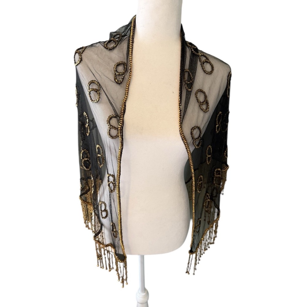 Sheer Beaded Border Triangular Wrap/Shawl Hand Made Artisan Swirls in Gold Beads